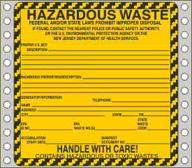Hazardous Waste Label New Jersey Specific